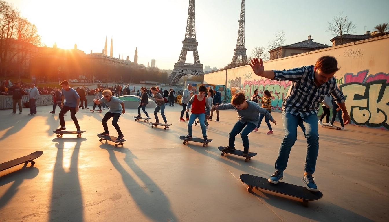 Ecole de skateboard Paris with diverse skateboarders in action at a vibrant skatepark during sunset.
