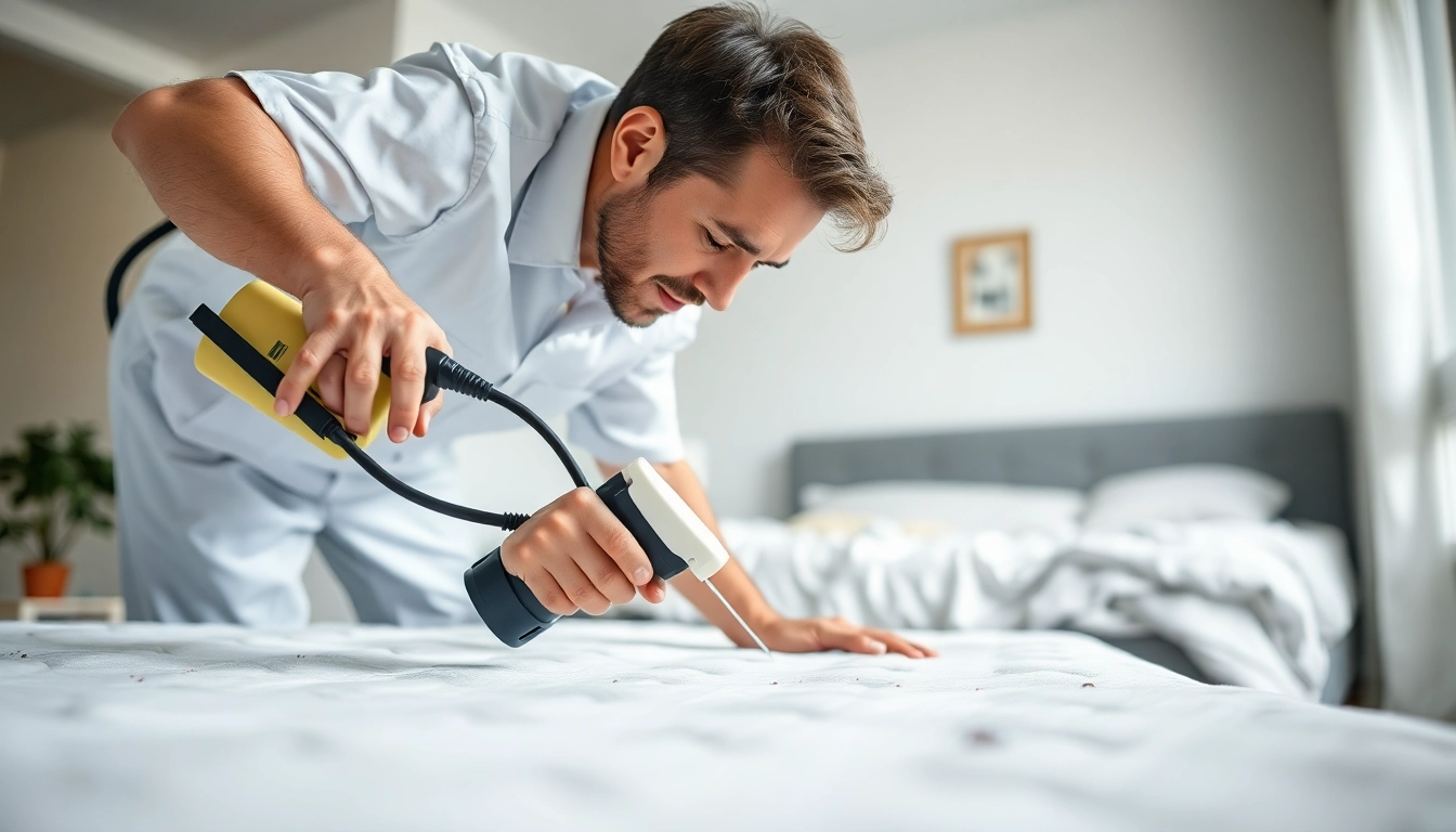 Bed bug exterminator treating a bedroom with professional tools in a safe environment.