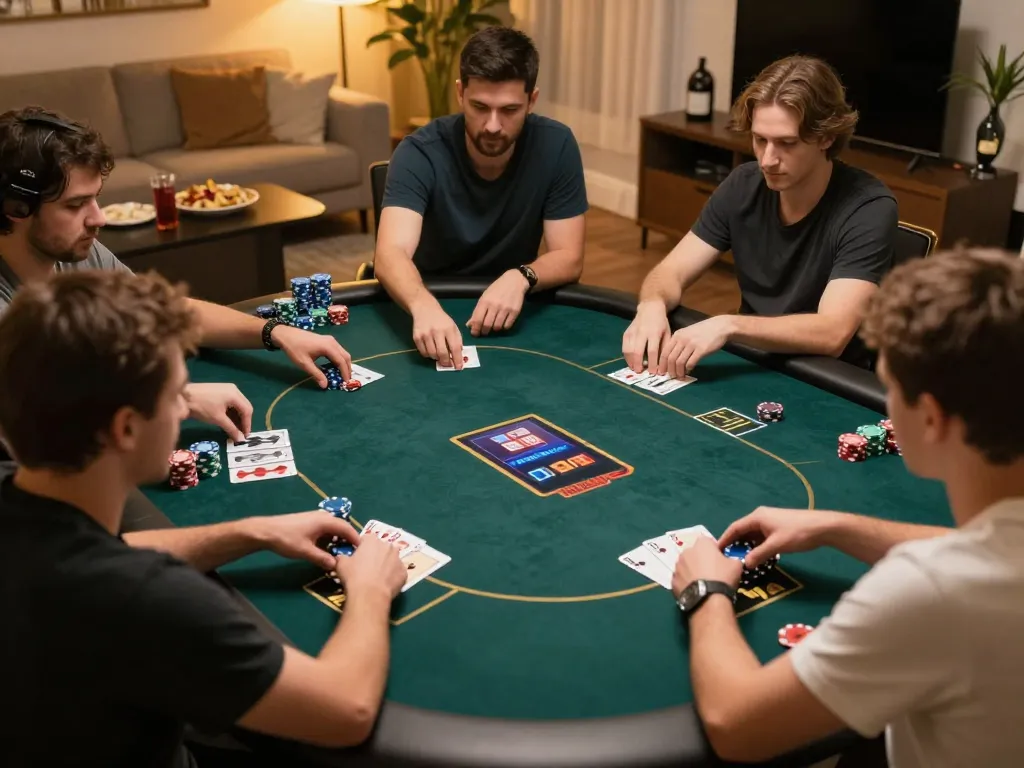 Engage in exciting poker gameplay with winstrike69 at a cozy online setup, showcasing strategic moves and competitive spirit